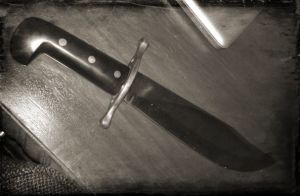 A tarted-up picture of the Bowie knife my dad gave me before he passed away last year. (He was thrilled that I wanted it until I said "Well, sure: one of those things killed Dracula!") One of many objects Connor could have used, as far as the cops are concerned, to behead Fasil. Or Dracula.